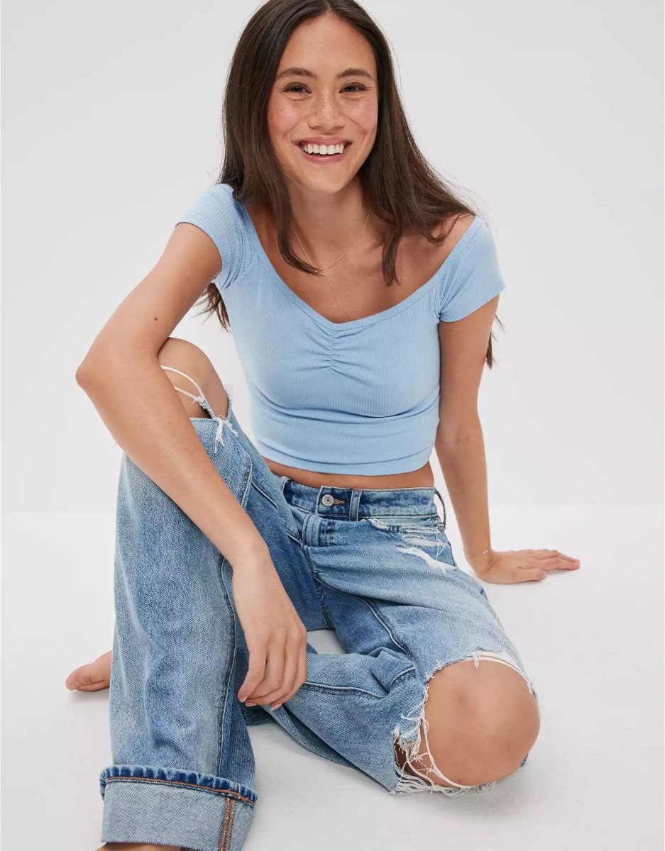 T Shirts American Eagle AE Cinch Off-the-Shoulder Tee Bleu Femme | FEB-99594680